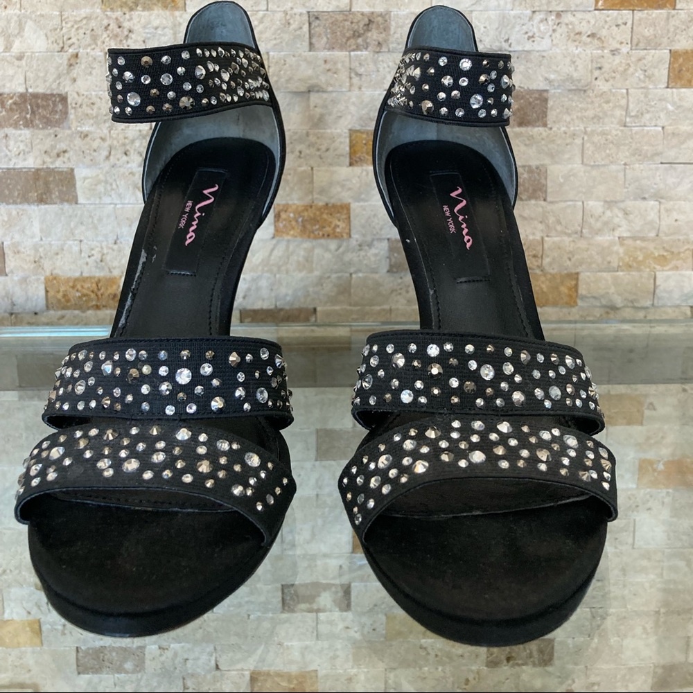 Nina, black satin, elastic embellished heels